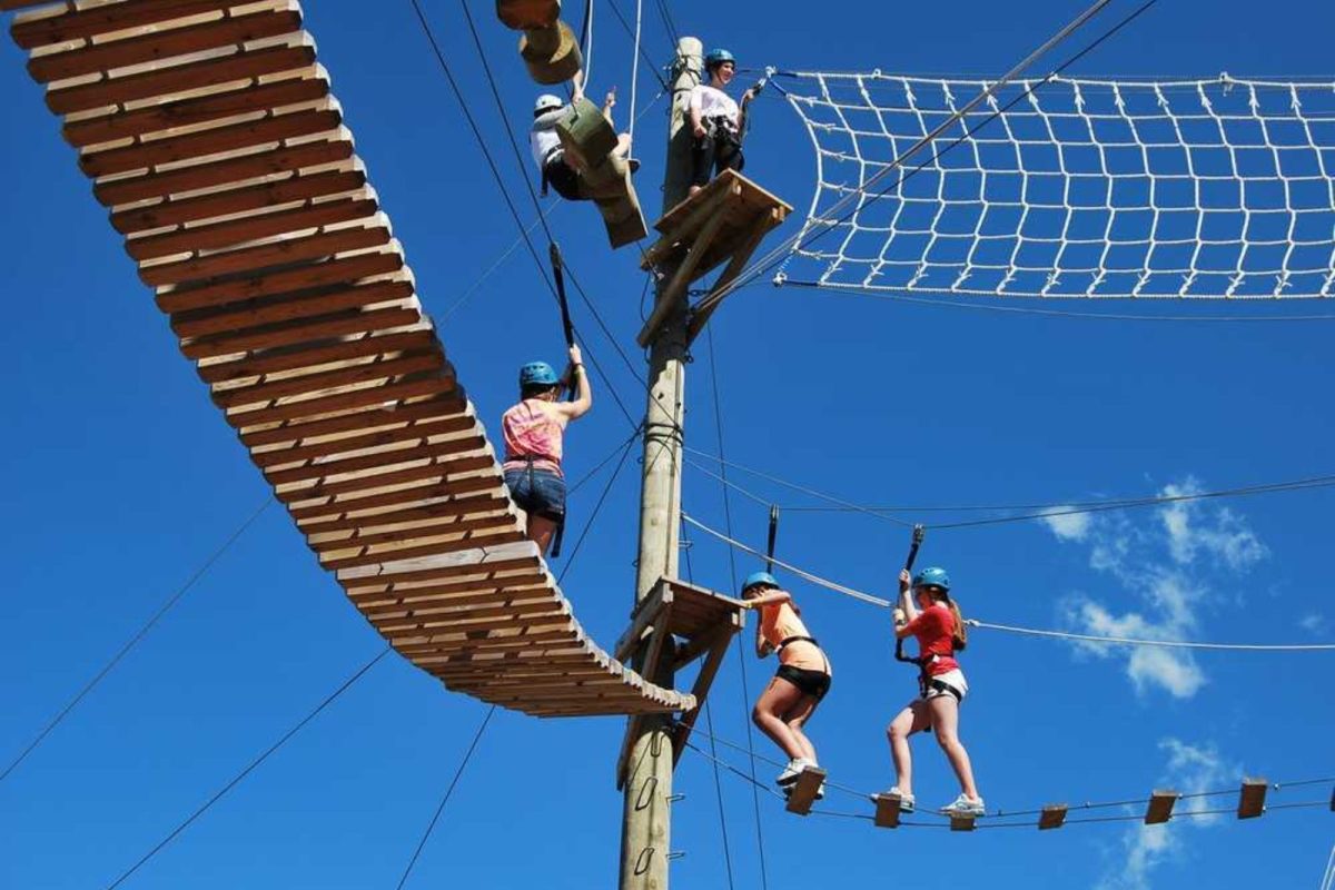 campers climbing adventure course up above