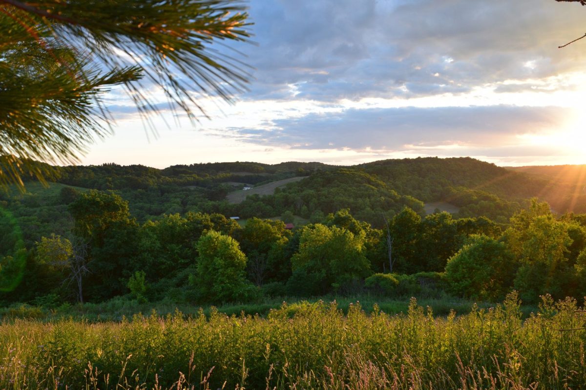 sunset shining through trees and hills at fall campground