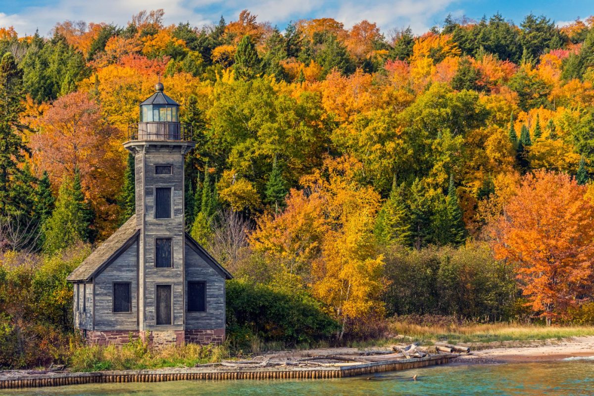 fall trees and lighthouse at Pictured Rocks National Lakeshore near Munising