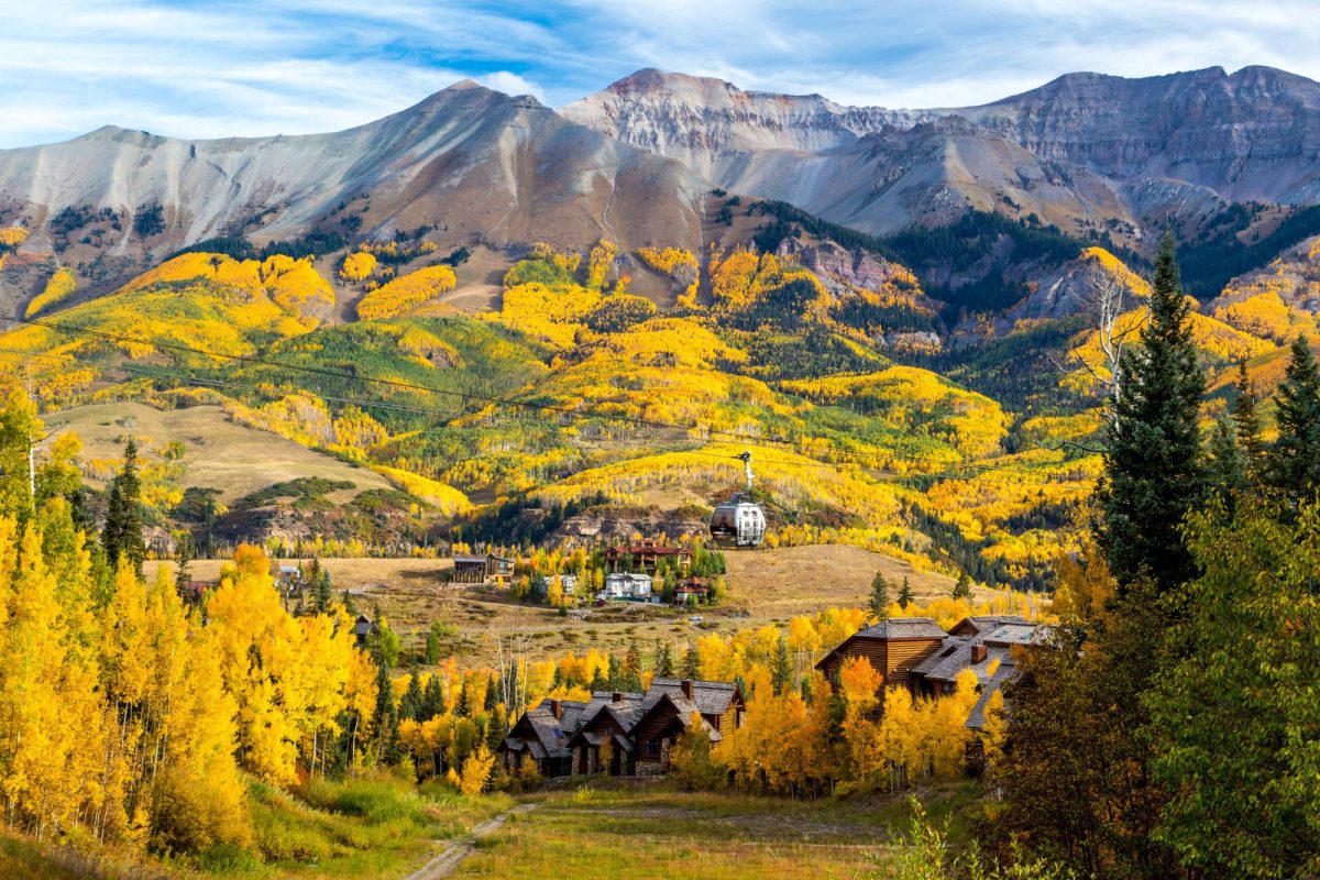 view of gondola ride over ski resort in one of top fall camping destinations, Telluride, Colorado