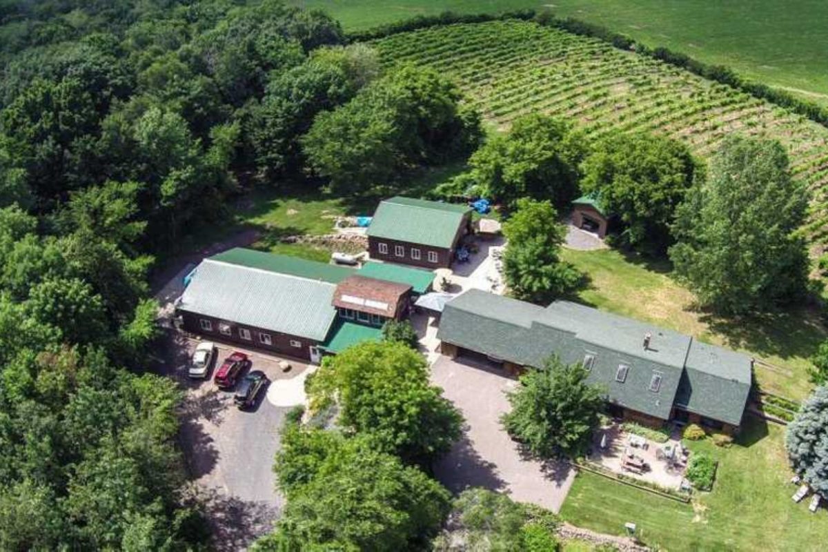 aerial view of Wild Vines Campground surrounded by green fields