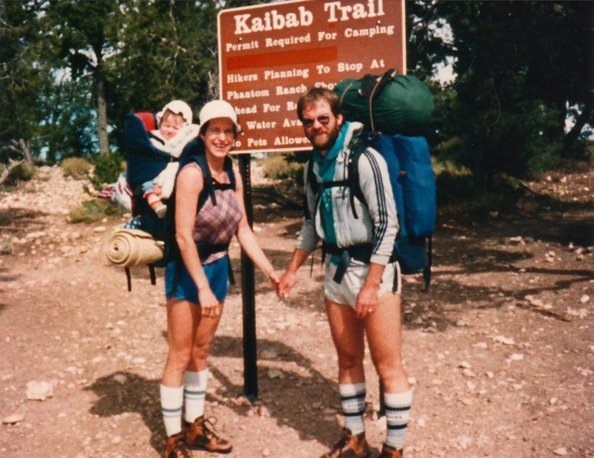 1980s campers posing in front of sign