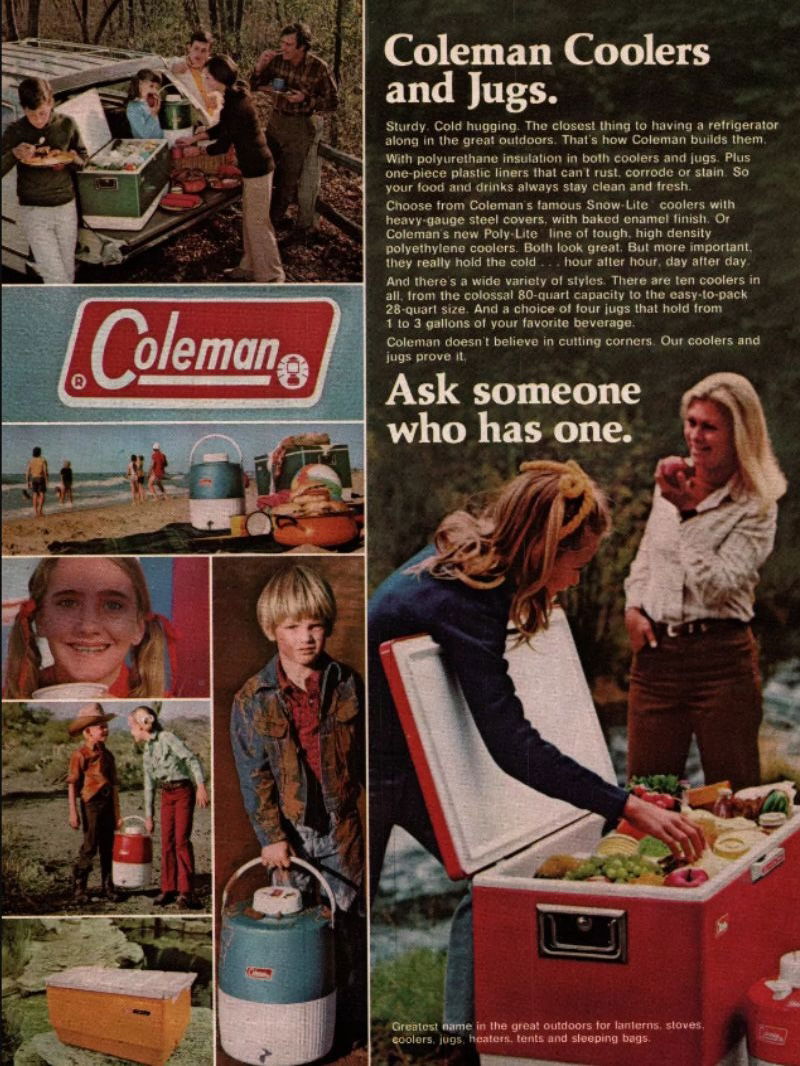 1980s camping ad with red and white Coleman cooler