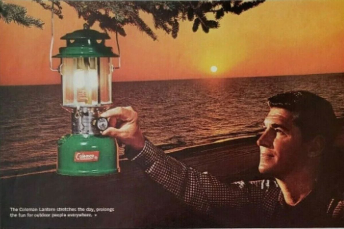 1980s ad of man turning on Coleman lantern