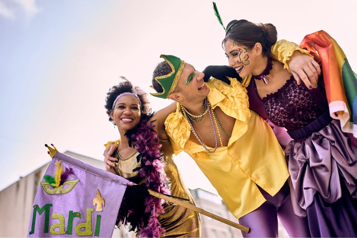 group of friends celebrating Mardi Gras parade as a camping event