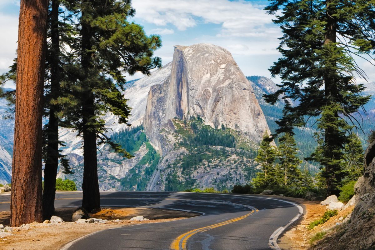 road leading up to Glacier Point and looking at Half Dome in Yosemite