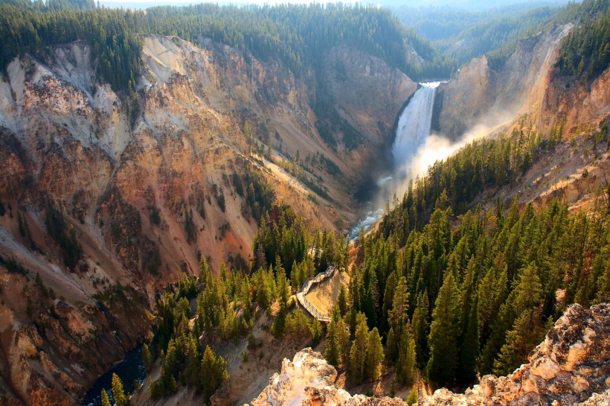 aerial view of waterfall in Yellowstone National Park