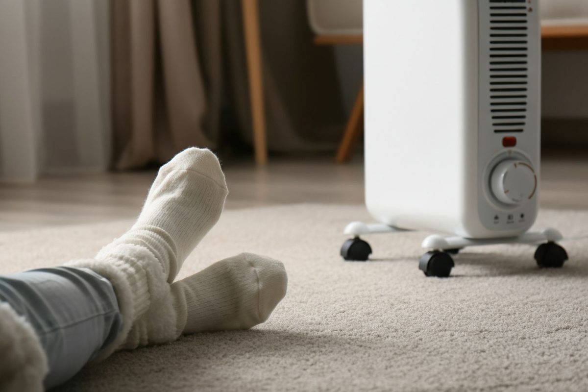 feet with socks near portable space heater