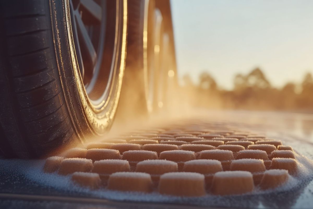 RV wheel driving over frosty traction mat at sunrise